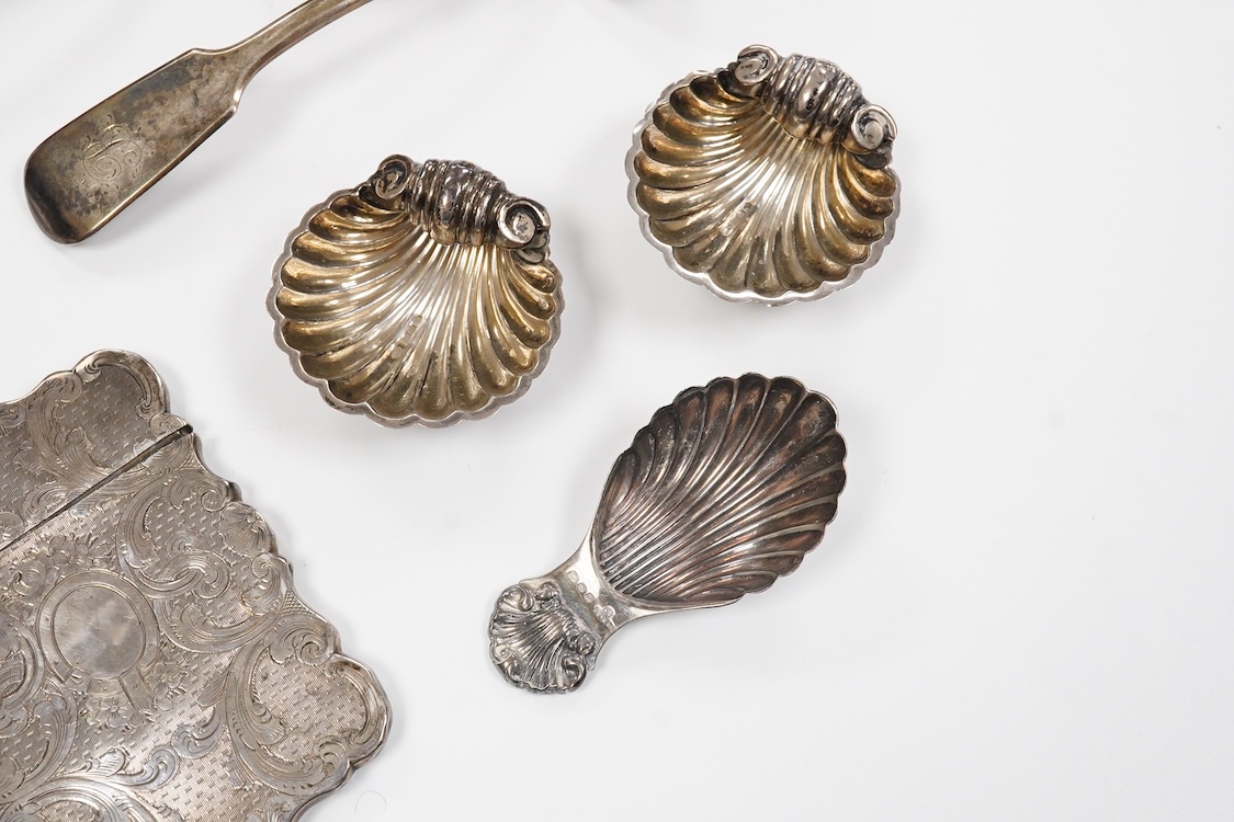 Small silver including a pair of Victorian provincial fiddle pattern sauce ladles, Robert Williams & Sons, Exeter, 1845, 16.6cm, a Victorian card case by Hilliard & Thomasson, two vesta cases, a sovereign case, a 1970's